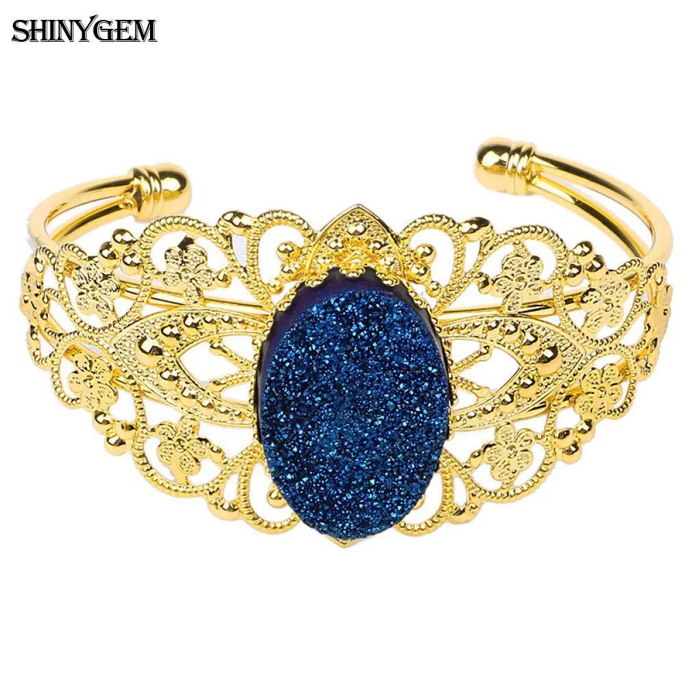 ShinyGem Hollow Flower Crown Druzy Bangles Bracelets Gold Plating Open