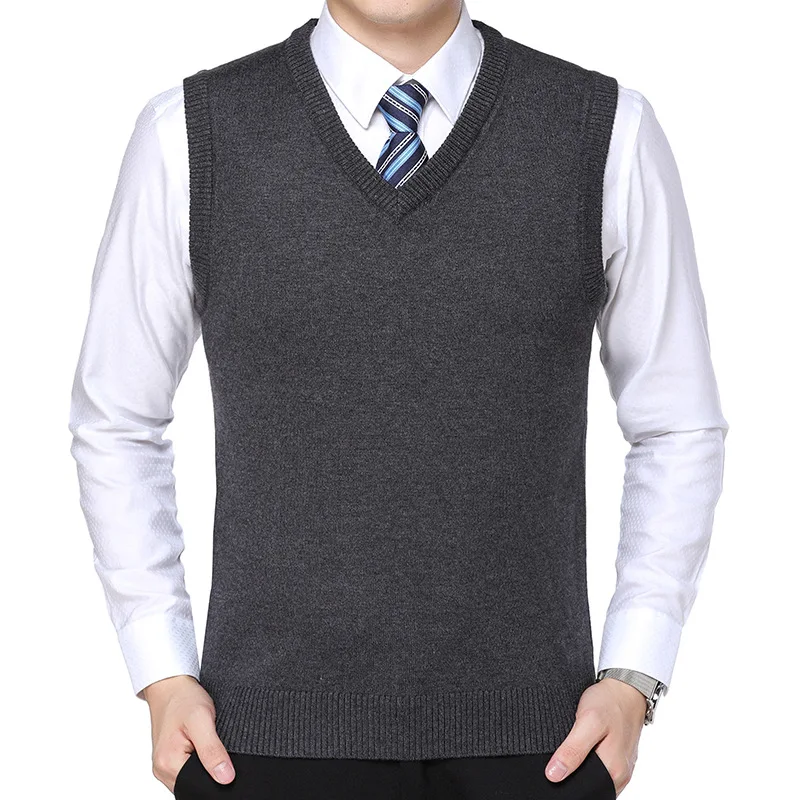 SHUJIN классический вязаный без рукавов свитер жилет мужской v-образный вырез без рукавов повседневные деловые пуловеры однотонные свитеры жилет - Цвет: Темно-серый