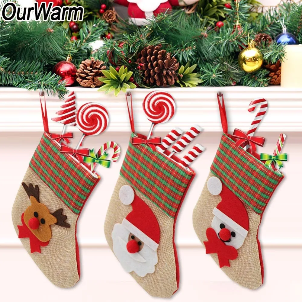 

OurWarm 4pcs New Year Mini Christmas Stocking Gift Bags Noel Christmas Decorations for Home Santa Claus Elk Snowman Hanging