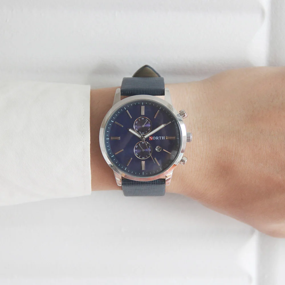 NORTH бренд мужские часы бизнес спорт мужской наручные часы синий кожаный уникальный случайный кварцевые часы для человека водонепроницаемый