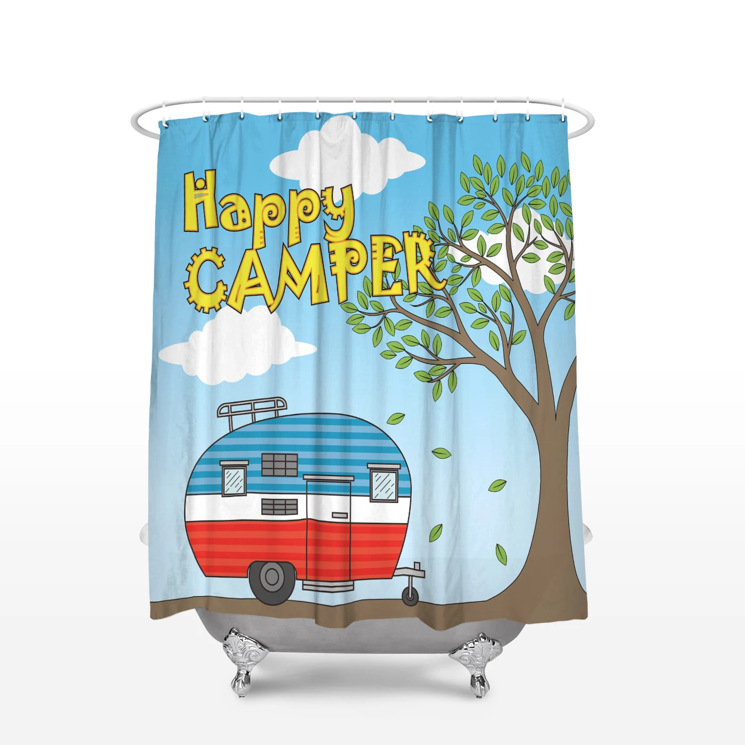 Happy Camping Retro Caravan Pattern Waterproof Polyester Fabric