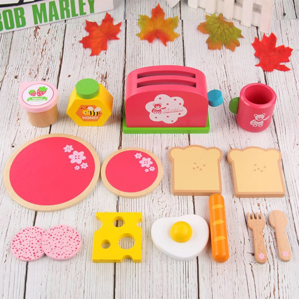 Wooden Delicious Breakfast Bread Fast Food Pretend Play Toy Set for Kids