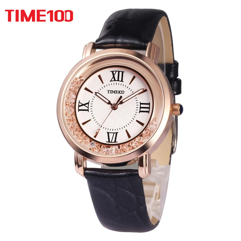 2017 New TIME100 Women's Watch Black Leather Strap Roman Numeral Big