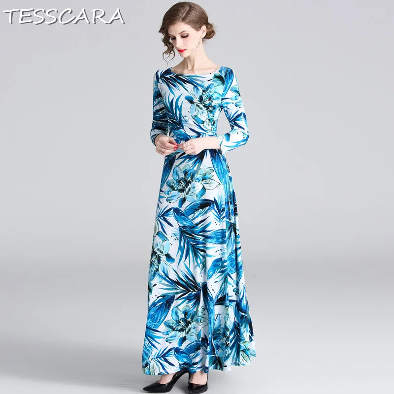 

TESSCARA Women Autumn Elegant Long Maxi Dress Festa Female High Quality Vintage Robe Femme Fashion Print Designer Blue Vestidos