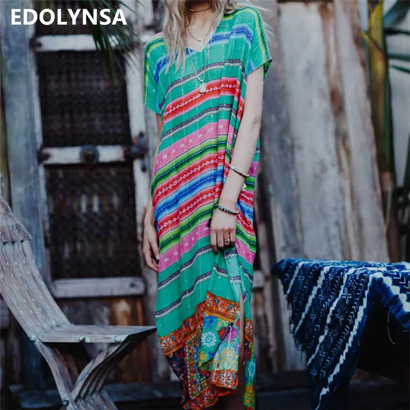 

Cotton Beach Cover Dress Long Print Beach Tunic Pareo Women Beach kaftan Sarong Beach wrap Swim dress Bikini cover up #Q592