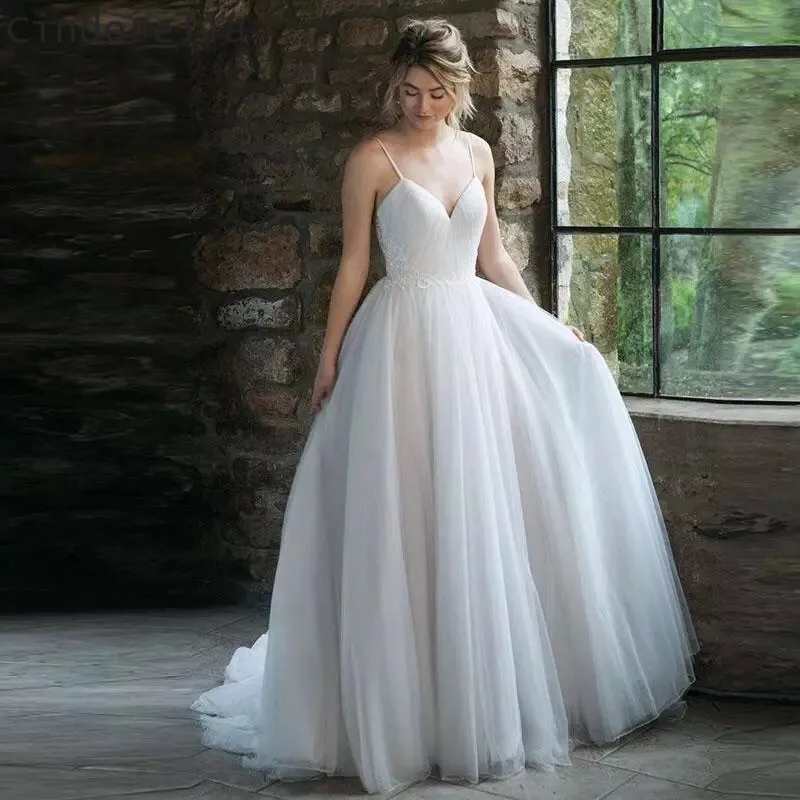 

Cinderella Sweetheart Spaghetti Straps Floor Length A-Line Soft Tulle Lace Applique Wedding Dresses Backless Lace Bridal Dresses