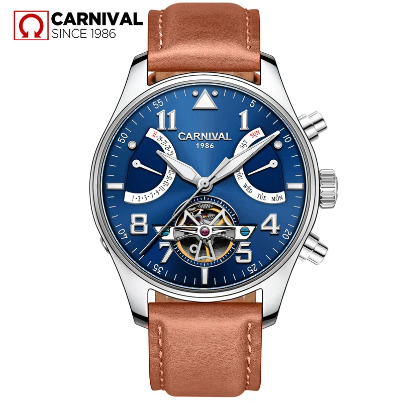 Карнавал сапфир relogio masculino TopBrand автоматические часы для мужчин Tourbillon механические водонепроницаемые часы модные кожаные роскошные - Цвет: Coffee Silver Blue