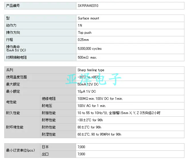 ALPS  알파인 SKRRAAE010 SMD 칩 스위치, 긴 수명, 7.5*7.5*0.6, 20 개
