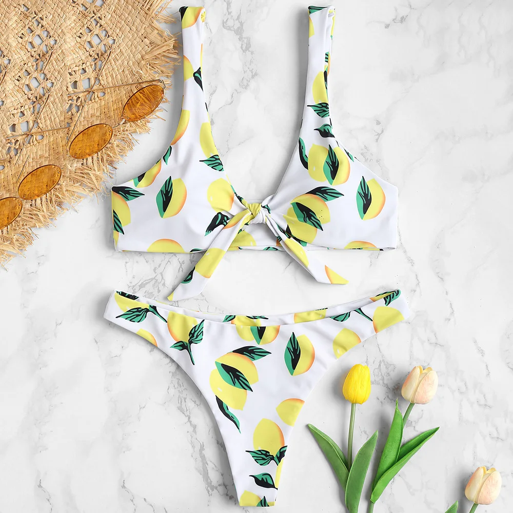 

Women Swimsuit Swimwear Lemon Print Padded Bikini Set Bathing Suit Brazilian Biquni Padded Swimwear Beach Suit