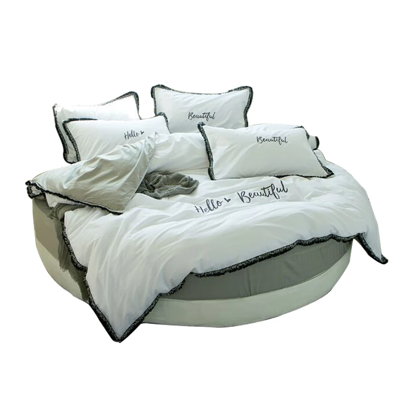 

4 pcs 100% Cotton Round Bed Sheet Pillowcase Duvet Cover Sets Soft Lace Edge Pillowcase Embroidery 200*230CM Quilt Cover
