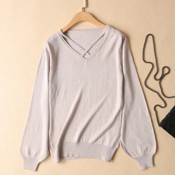 

2018New arrival Spring Autumn Women Cashmere Sweater Hot sale Puff Sleeves V Collar Sweaters Solid Color Loose Wool Knit Sweater