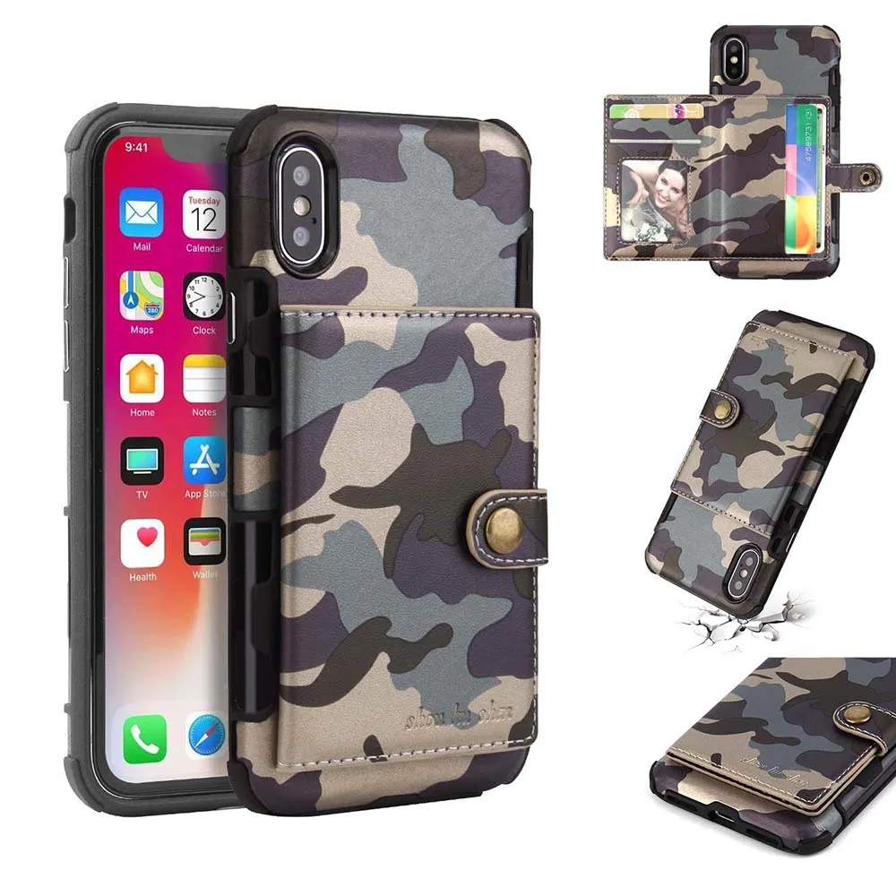 

Card Holder Wallet Case for iPhone X Xs Max Xr 7 8 6 6s Plus Camouflage Luxury Leather Shockproof Protective Shell Capa Fundas