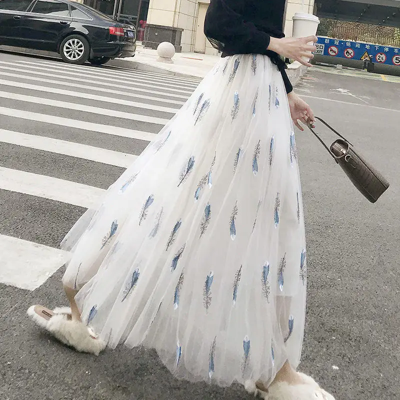 Spring-Summer-Embroidery-Mesh-Tulle-Skirt-Women-Long-Lace-High-Waist-Skirt-Female-Faldas-Elastic-Streetwear_