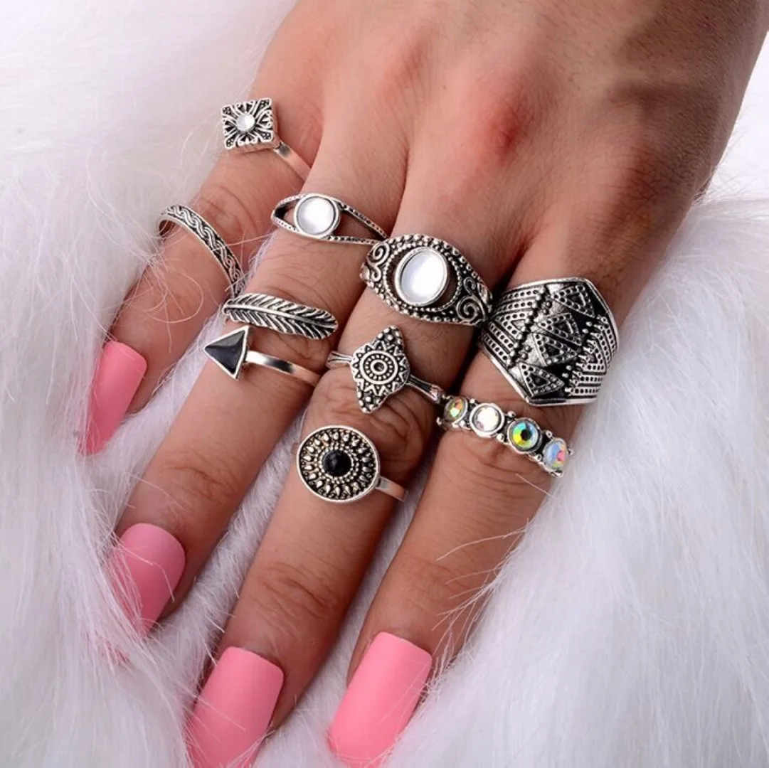 10pcs/set Vintage Steampunk Ring Sets Shellhard Punk Leaf StoneStacking Midi Finger Ring for Women Jewelry Female Anillos