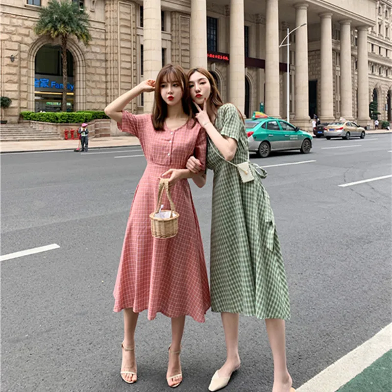 A Line Dresses Woman Summer Cute Japan Korean Style Prairie Sweet Preppy Design Button Shirt Dress Bow Ribbon Tie 7515