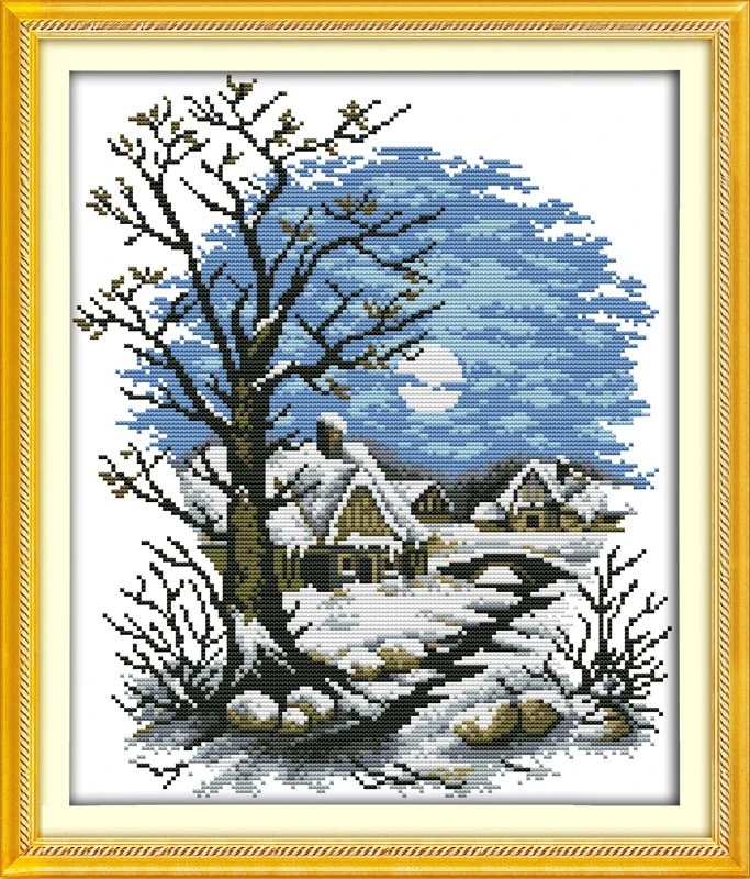 

Winter fairy tale house cross stitch kit tree snow 14ct 18ct count canvas stitching embroidery DIY handmade needlework plus