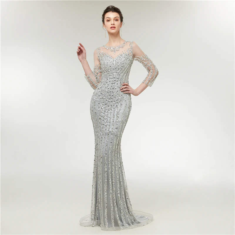 

Luxury Long Evening Dress 2019 Mermaid Sparkly Sequined Crystal Long Sleeves Silver Arabic Formal Party Gowns Prom Dress