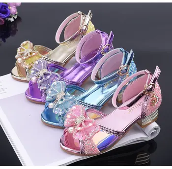 

JY Children girl Glitter PU Shoes dance crystal bead Shoes high-heeled Party Princess Shoes 26-37 4colors GZX01