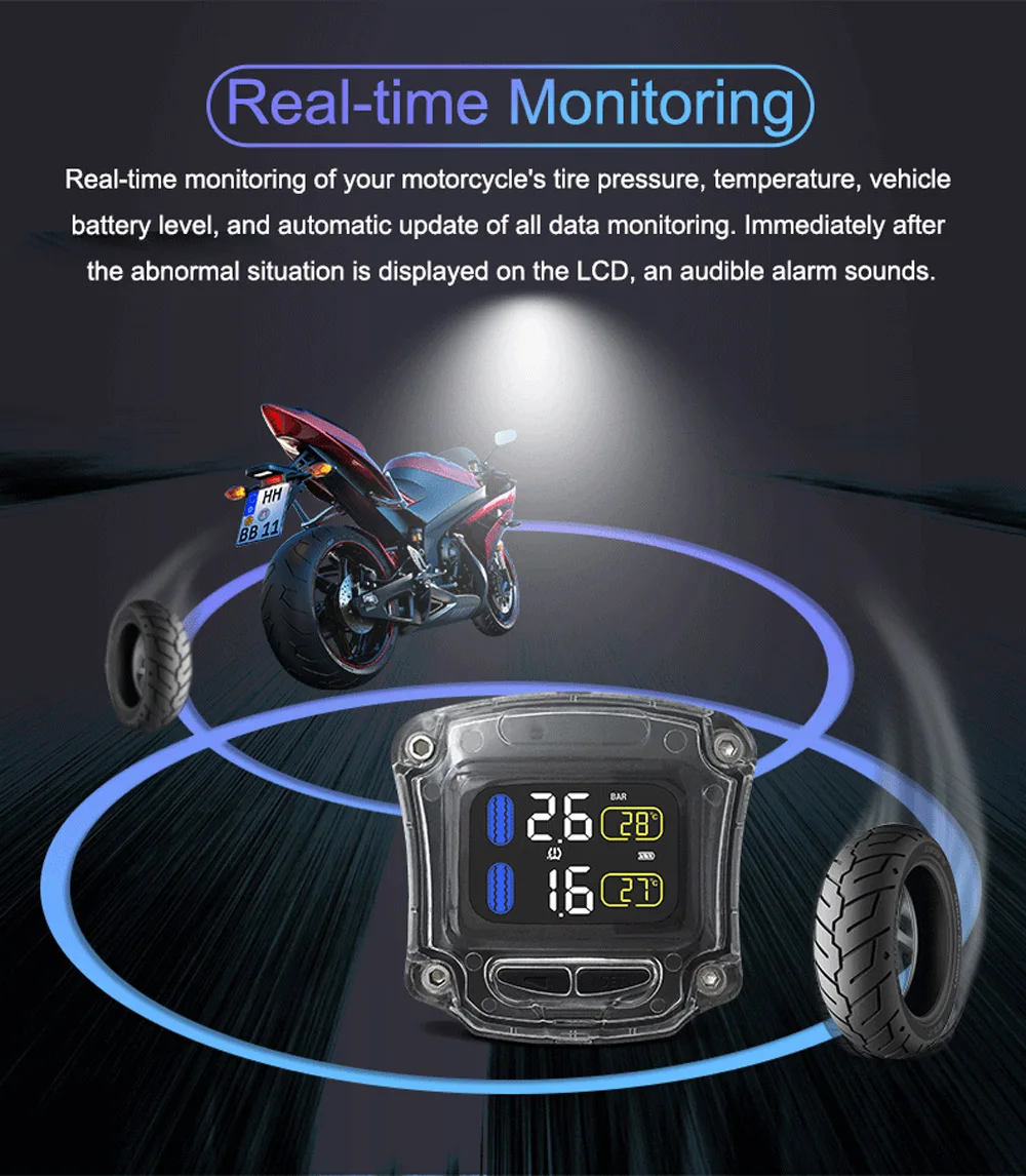M3-B беспроводной мотоцикл TPMS в режиме реального времени шин давление мониторинга системы универсальный 2 внешних внутренних датчики ЖК-дисплей