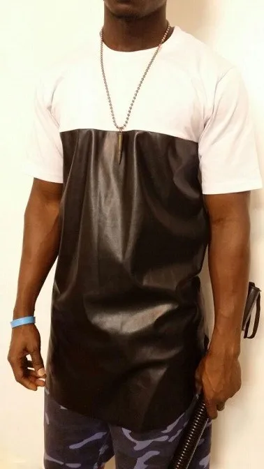 Мужская футболка в стиле хип-хоп, кожаная удлиненная футболка, американская уличная модная футболка