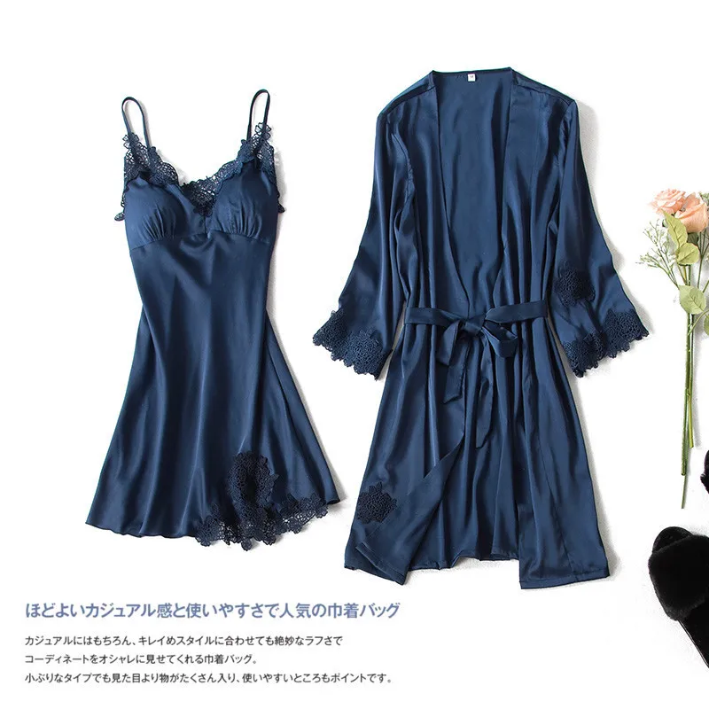

Sexy women's robe & gown sets twinest bathrobe + mini night dress two pieces sleepwear womens sleep set lace silk Female Pijama