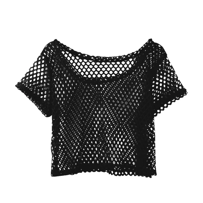 Модный Топ ажурная рубашка женские сетчатые Топы с коротким рукавом Обрезанные футболки - Цвет: Black