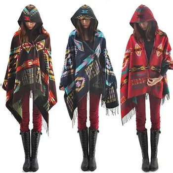 

Women's Bohemian Wool Blend Hooded Blanket Cloak Poncho Cape Outwear Coat Shawl