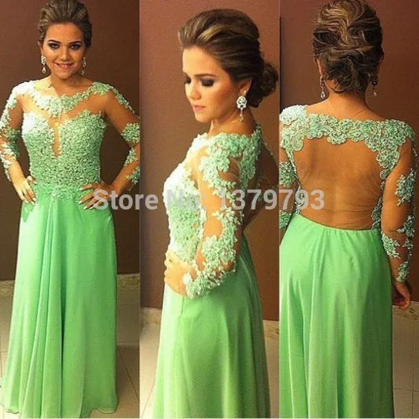 Vestidos 2015 Fabulous Evening Dress Scoop Neck Long Sleeve A Line Appliques Lace Chiffon Prom Party Gown Custom Made | Свадьбы и