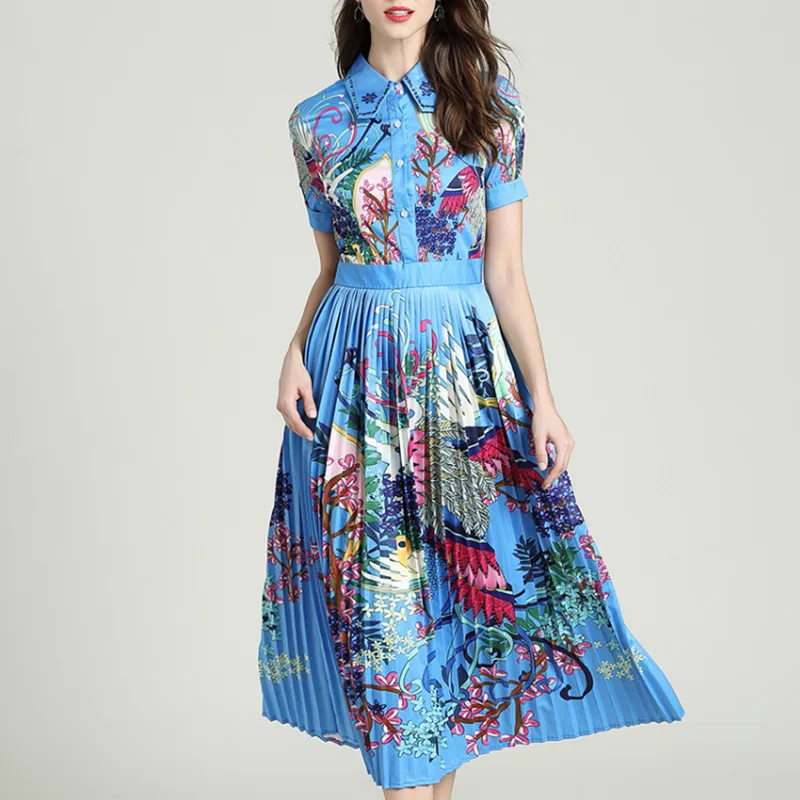 

Fashion Runway Summer Long Dress Women's Turn-down Collar Vintage Art Print Pleated Holiday Party Dress