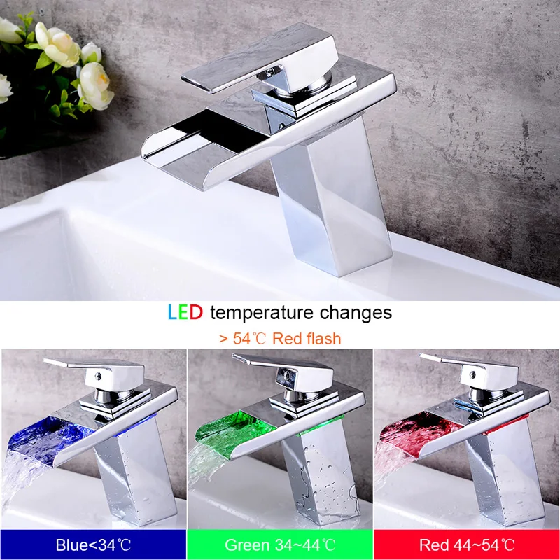  ROVATE LED Basin Faucet Watefall Sink Taps Colors Change with Temperature Bathroom Mixer Brass - 32861963707
