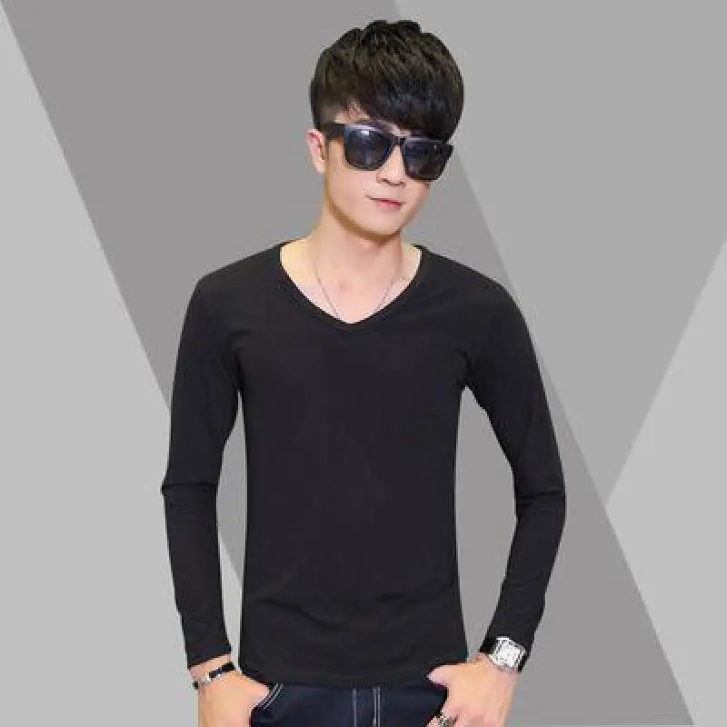 

Male Spring and Autumn 2018 new Slim V-neck solid color shirt dress trend personalized long-sleeved t-shirt with disabilities