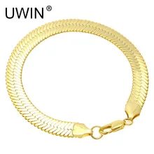 Uwin змея браслет-цепочка Для мужчин Модные украшения золотой Цвет Медь 10 мм 21 см Bling плоским Змея Браслеты Ссылка Серебряный