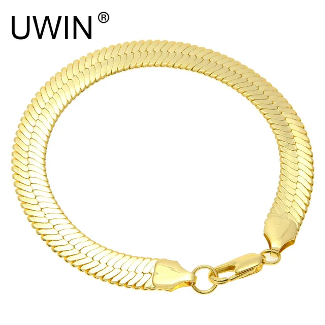 Uwin Gold Snake Chain Bracelet Men Fashion Jewelry Color Copper Uwin Gold Snake Chain Bracelet Men Fashion Jewelry Color Copper 10mm 21cm Bling Flat
