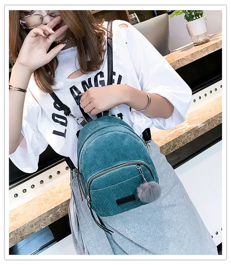 Miyahouse вельветовый винтажный женский рюкзак Мини корейский Стиль Повседневный женский рюкзак сплошной цвет Дамская сумка на плечо с помпоном для волос - Цвет: 4856-4