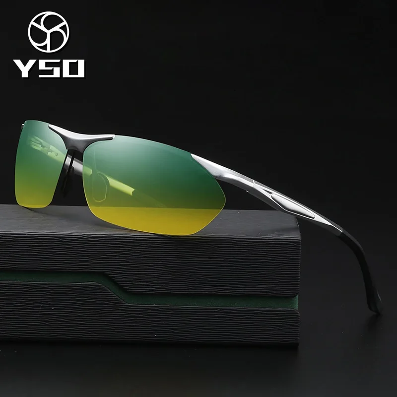 

YSO Sunglasses Men Polarized UV400 Aluminium Magnesium Frame HD Night Vision Driving Glasses Semi Rimless Accessory For Men 8546