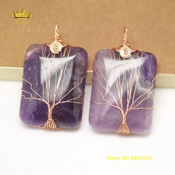 

5pcs 30x40mm Purple Quartz Plated Rose Gold Copper Tree of Life Pendants,Raw Crystal Rectangle Beads Beading Necklace Bulk FR104