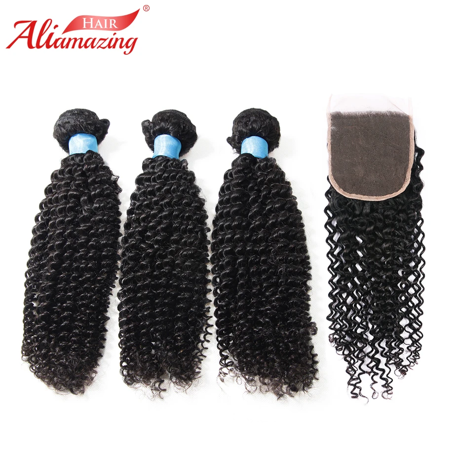 

Ali Amazing Hair Kinky Curly Hair 3 Bundles with Closure Brazilian Remy Human Hair With 5x5 Lace Closure Middle Free Three Part
