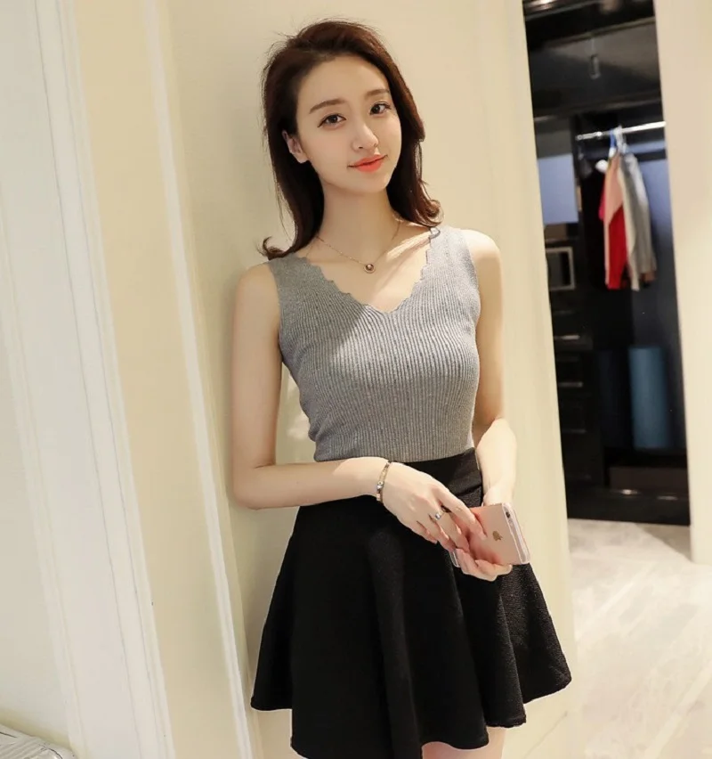 Для женщин оборками Neck Crop Top Sleevelesss уличной вязаные майка Повседневное летние