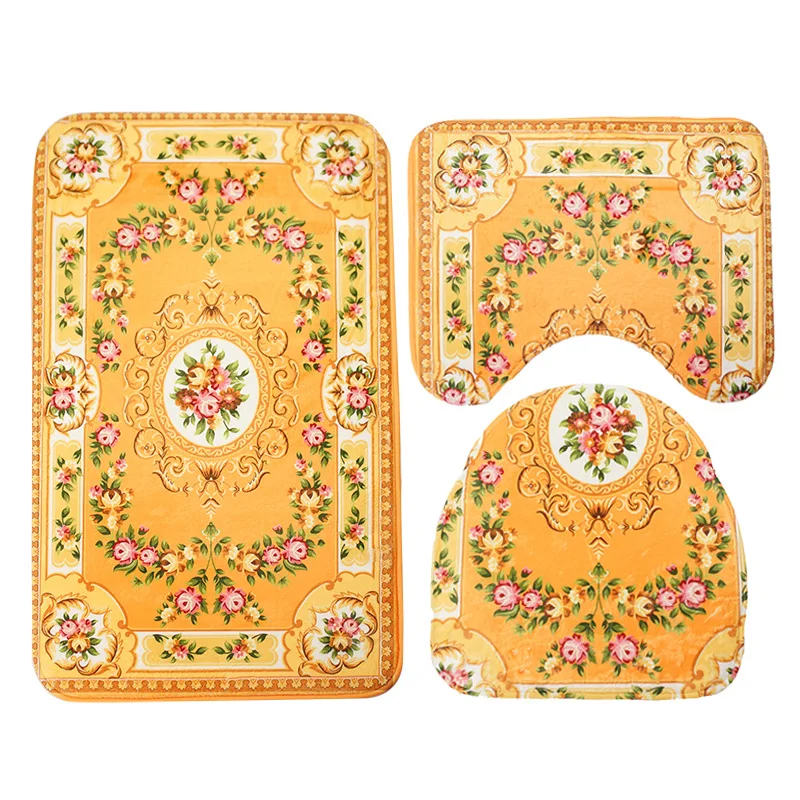 3pcs Classic Bathroom Mat Sets Yellow Pattern Microfiber Anti Slip