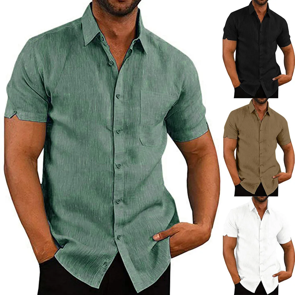 Mens Cotton Linen Shirt Casual Slim Short Sleeve Blouse Shirt Fashion Tops