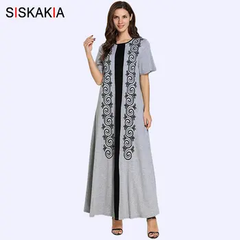 

Siskakia T Shirt Long Dress Grey Casual Summer Dresses 2019 Plus Size Ethnic Geometric Floral Embroidery Clothes Short Sleeve
