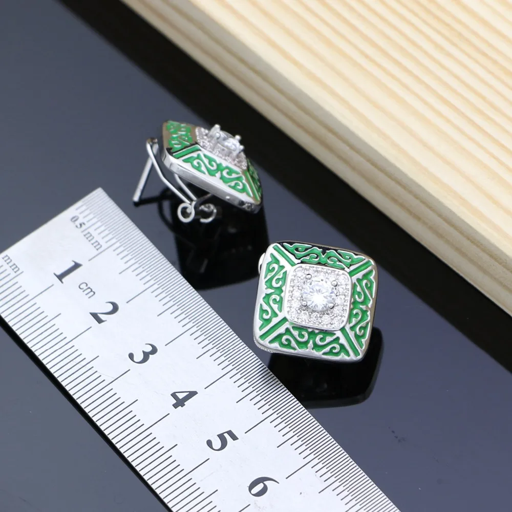 Cena Zielony Lucite biały cyrkon srebrny 925 biżuteria kostiumowa dla nowożeńców zestawy dla kobiet kolczyki wisiorek pierścień kamienie bransoletka naszyjnik zestaw