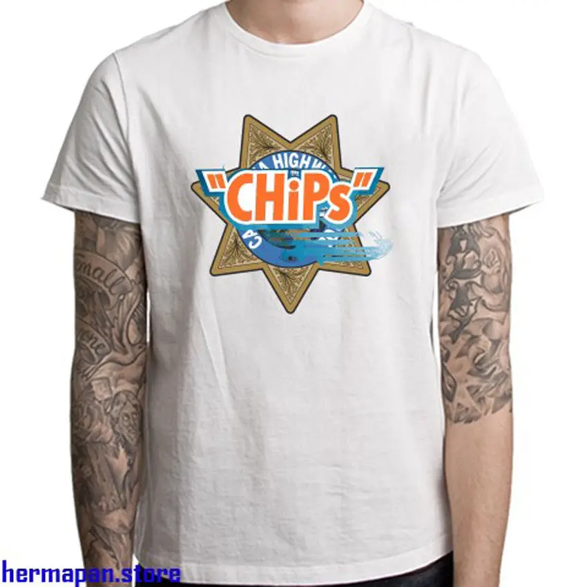 New Chips Retro Movie TV Show Men's White T Shirt Size S to 3XL Short Sleeve Shirts Tops S3Xl