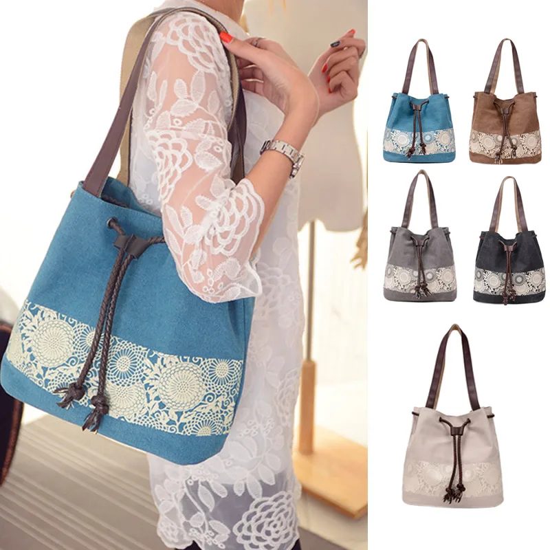 

Fashion Women Canvas Shoulder Bag Flower Bags Big Capacity Drawstring Tote Casual Shopping Handbag WML99
