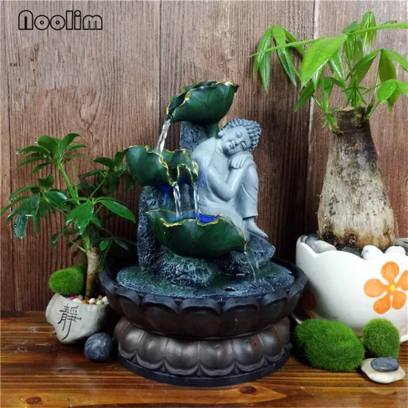 

Resin Buddha Lotus Water Home Office Tabletop Water Fountain Figurines Decoration LED Light Feng Shui Wheel