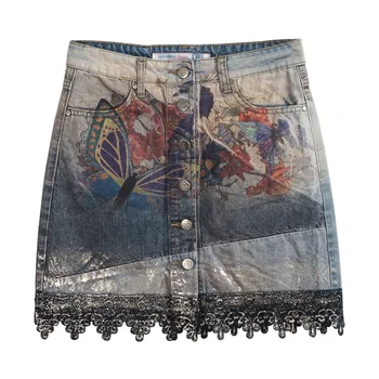 

Summer Fashion Women's Butterfly Colored Painted Ripped Lace Patchwork Denim Skirt , Hot Stamping Jeans Skirts For Woman