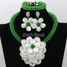 Нигерийские зеленые стразы, бисер, комплект ювелирных изделий, модный цветок, белые Африканские свадебные бусы, комплект ювелирных изделий,, AIJ662