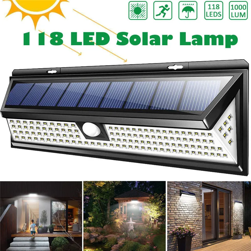 

118 LED 1000LM Waterproof Solar PIR Motion Sensor Wall Light Outdoor Garden Lamp 3 Modes Security Pool Door Solar Lighting