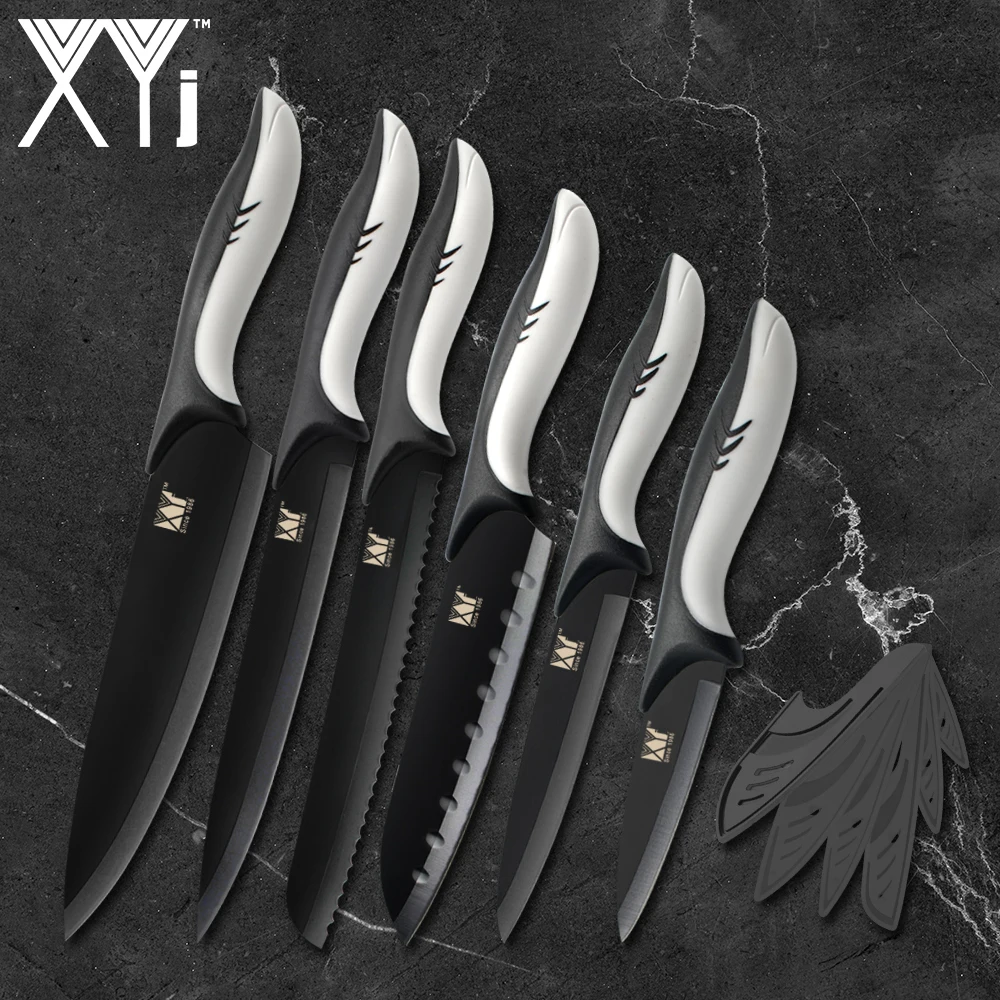

XYj 6PCS Kitchen Knife Sets Japanese Chef Knives Non-stick Coated Steel Blade Cutter Cleaver Vegetables Bread Knife Cutlery Tool