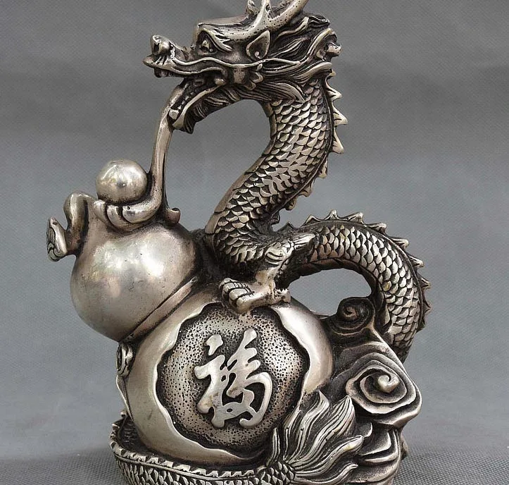 

7 Chinese Silver Wealth Fu Gourd Cucurbit Calabash Zodiac Dragon FengShui Statue